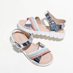 fashionable silver metallic rainbow holiday flat shoe