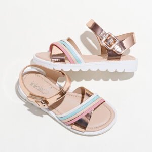 fashionable pink metallic rainbow holiday flat shoe