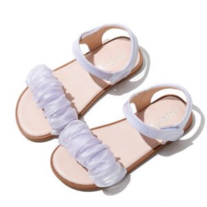 White Fancy pleated satin flat sandals for girls