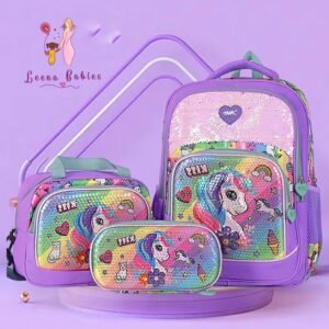 purple Three-piece unicorn backpack set with large capacity