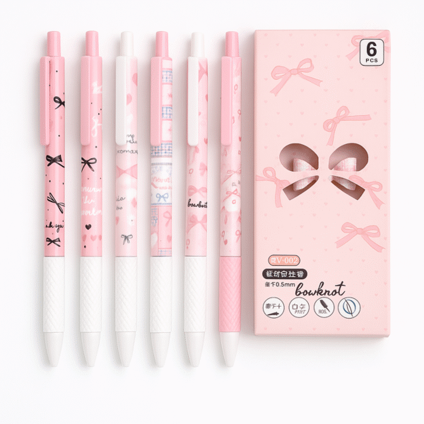 🎀 Bowknot Pink Ballpoint Pen Set – 6 PCS