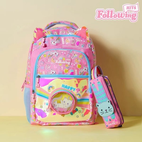 Pink Happy Cat Rainbow Girls’ School Backpack with Pencil Case