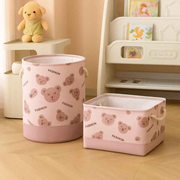 Blush Teddy Fabric Storage Baskets – Round & Rectangular Set