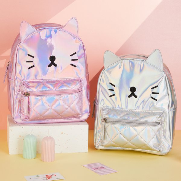 Holographic Kitty Backpack – Pink & Silver