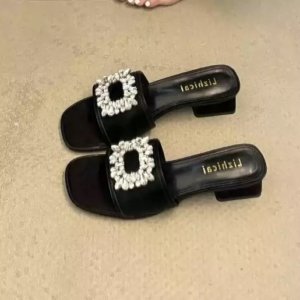 Black Crystal Frame Block-Heel Slides