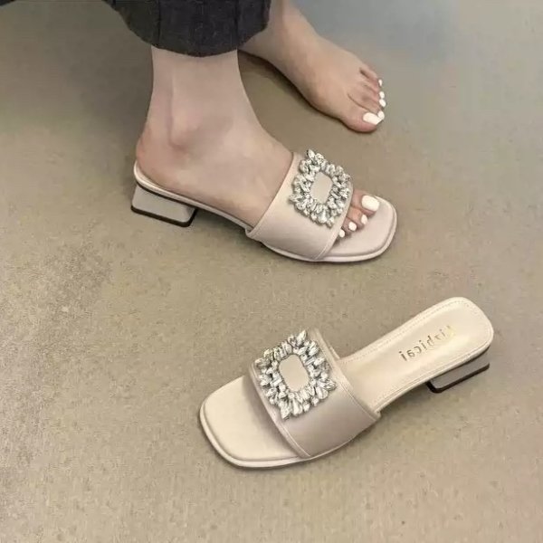 Neutral Crystal Frame Block-Heel Slides