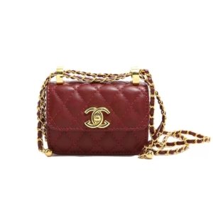 Maroon Diamond-Stitch Chain Mini Bag