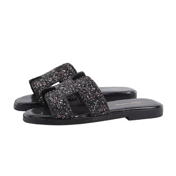 Black Glitter Luxe Slide Sandals