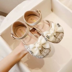 Pearl Bow Tweed Party Sandals cream