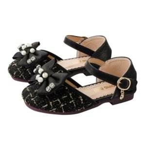 Pearl Bow Tweed Party Sandals – Black