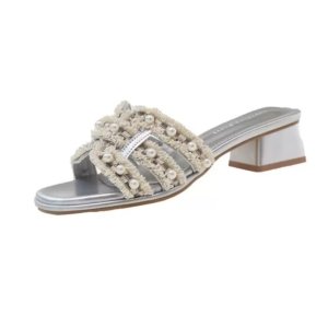 Gray Pearl Grace Block-Heel Slides