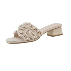 Cream Pearl Grace Block-Heel Slides