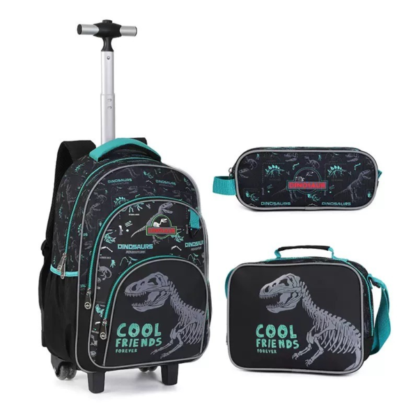 3-Piece Dinosaur Rolling School Backpack Set with Trolley