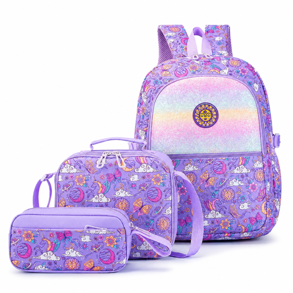 3-Piece Kids School Backpack Set with Lunch Bag & Pencil Case -Purple