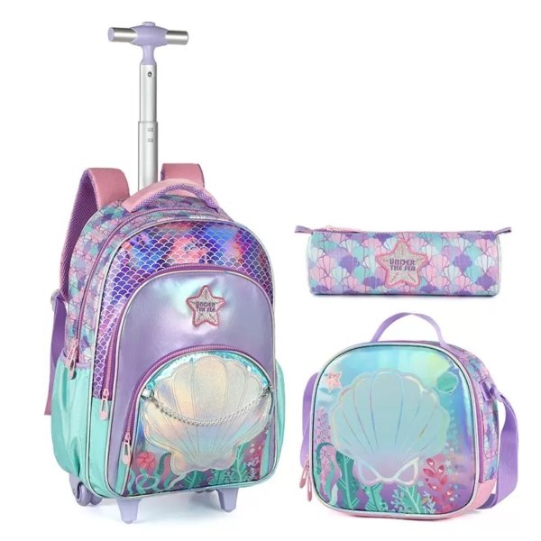 3-Piece Mermaid Rolling School Backpack Set with Trolley