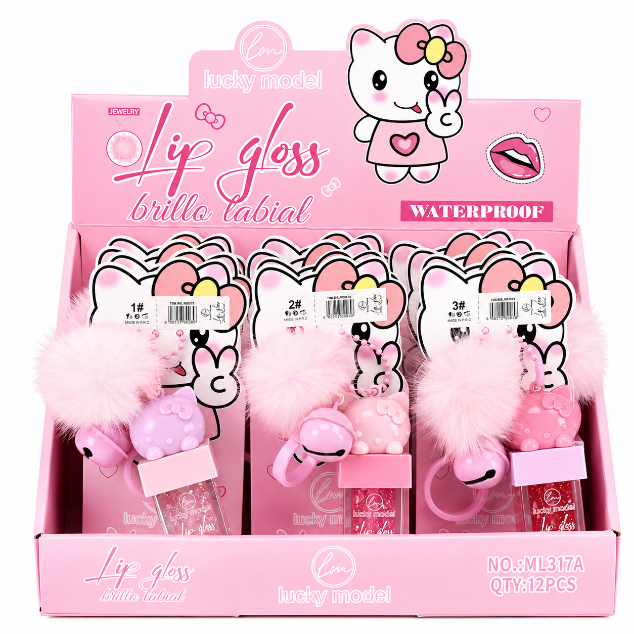 Cute Kitty Pom Pom Lip Gloss Keychain2