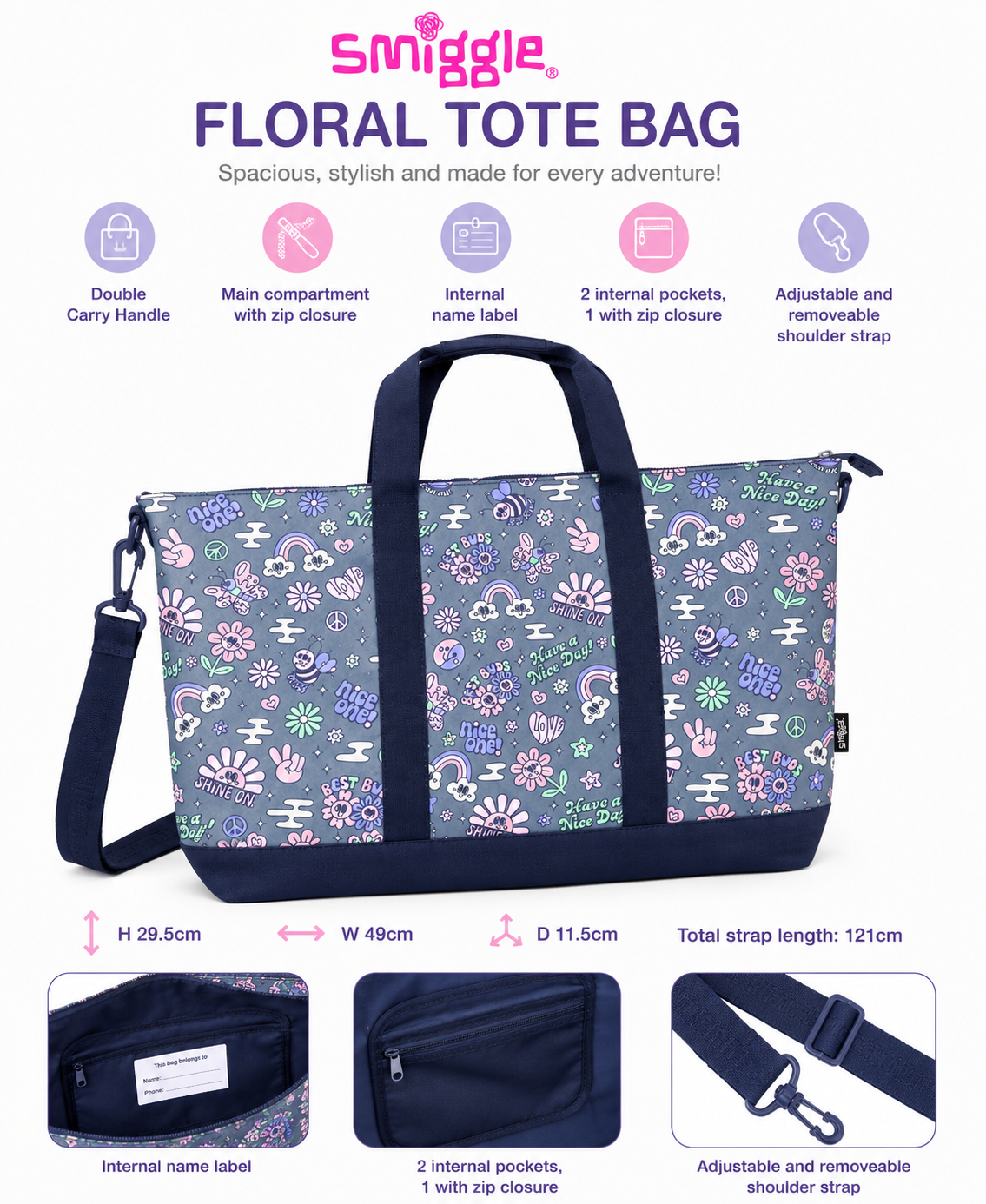 Smiggle Nice One Floral Tote Bag – Grey4