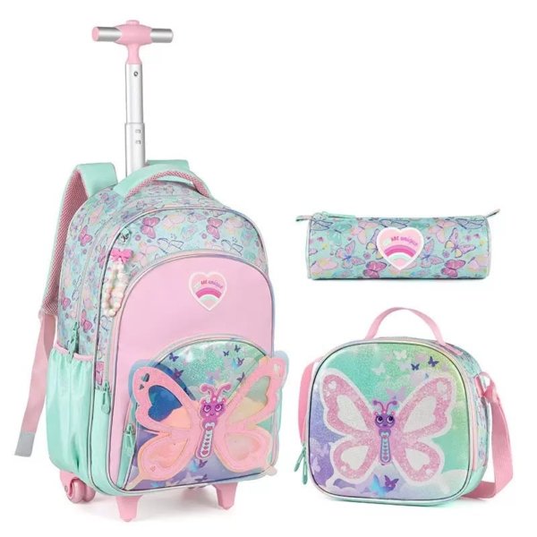 3-Piece butterfly Rolling School Backpack Set with Trolley