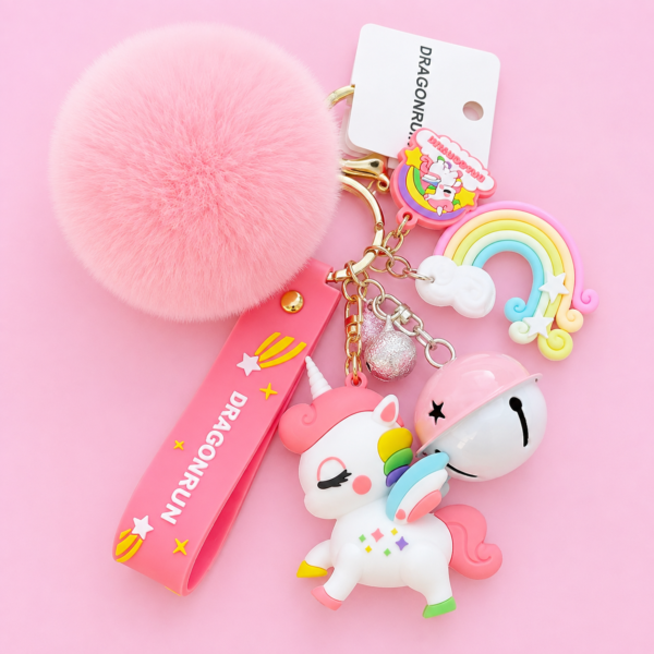 Pink Rainbow Unicorn Pom Pom Keychain