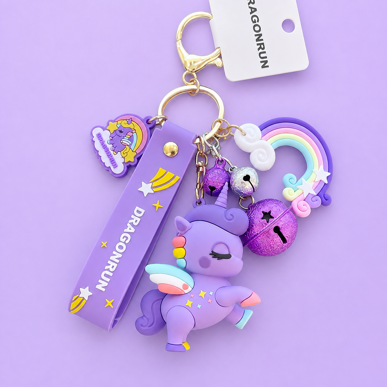 Rainbow Unicorn Pom Pom Keychain purple